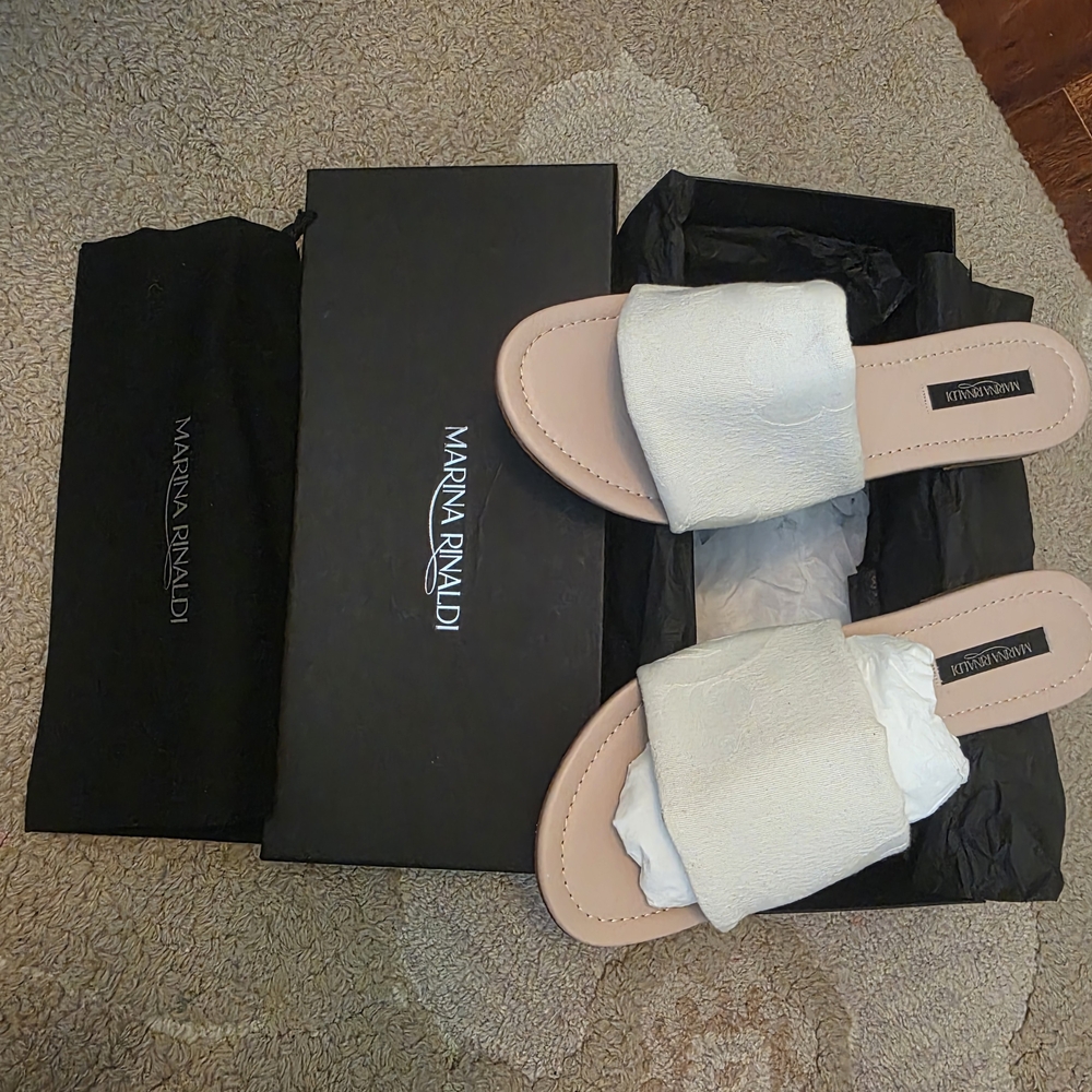 Marina Rinaldi Women's Cream Slide Fabric Sandals With Bag. US 8 Made In Italy - Picture 2 of 5
